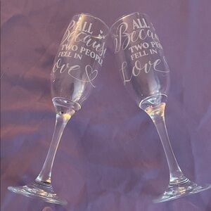 Engraved Champagne Flutes "All because two people fell in love" set of 2
